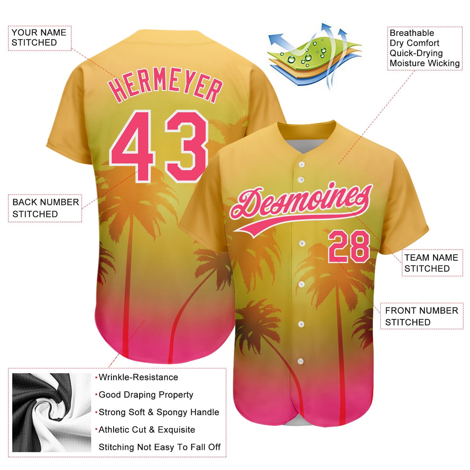 Personalized Gold Neon Pink-White 3D Pattern Design Hawaii Palm Trees Authentic Baseball Jersey Team Custom Name and Number Personalized Hawaii Palm Trees Baseball Jersey in Gold Neon Pink-White 3D Pattern with Custom Name and Number Personalized - Image 3
