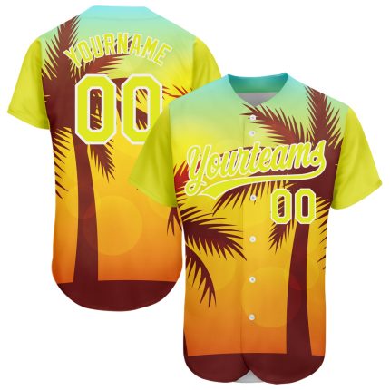 Custom Name & Number Hawaii Palm Trees 3D Pattern Baseball Jersey - Personalized Gold Neon Yellow-White Design Personalized