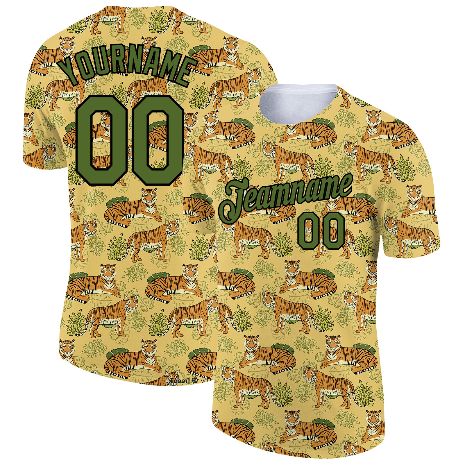 Custom Name & Number Personalized Tiger Performance T-Shirt - Gold Olive-Black 3D Pattern Design Personalized Gold Olive-Black