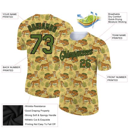 Custom Name & Number Personalized Tiger Performance T-Shirt - Gold Olive-Black 3D Pattern Design Personalized Gold Olive-Black
