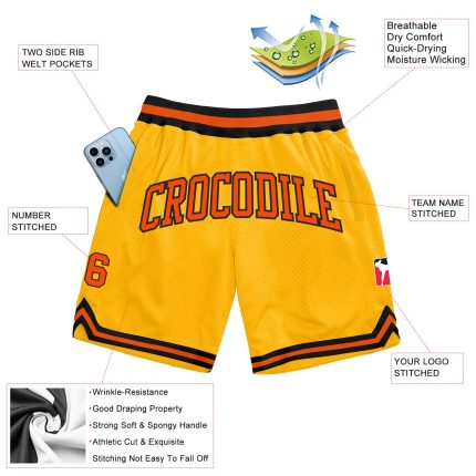 Custom Name Number Basketball Shorts - Personalized Gold Orange-Black Authentic Throwback Style Personalized Gold Orange-Black