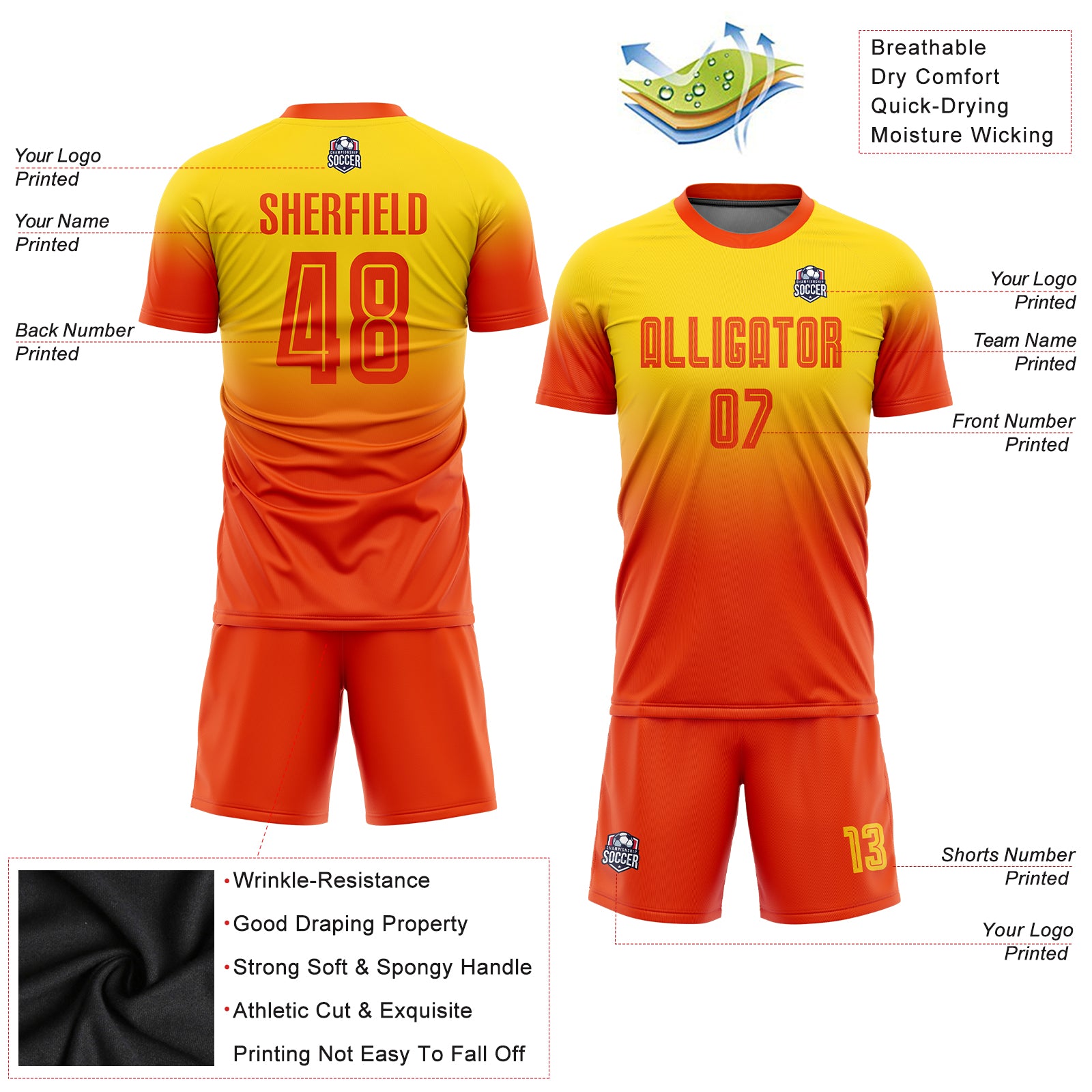 Personalized Gold Orange Sublimation Fade Fashion Soccer Uniform Jersey Team Custom Name and Number Custom Gold Orange Soccer Jersey with Personalized Name & Number - Fade Design, Team Uniform Personalized Gold Orange Sublimation - Image 2