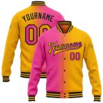 Custom Gradient Varsity Letterman Jacket with Name & Number - Personalized Gold Pink-Black Bomber Full-Snap Fashion Jacket