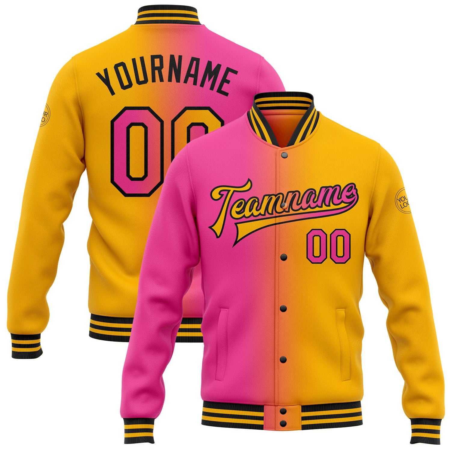 Custom Gradient Varsity Letterman Jacket with Name & Number - Personalized Gold Pink-Black Bomber Full-Snap Fashion Jacket