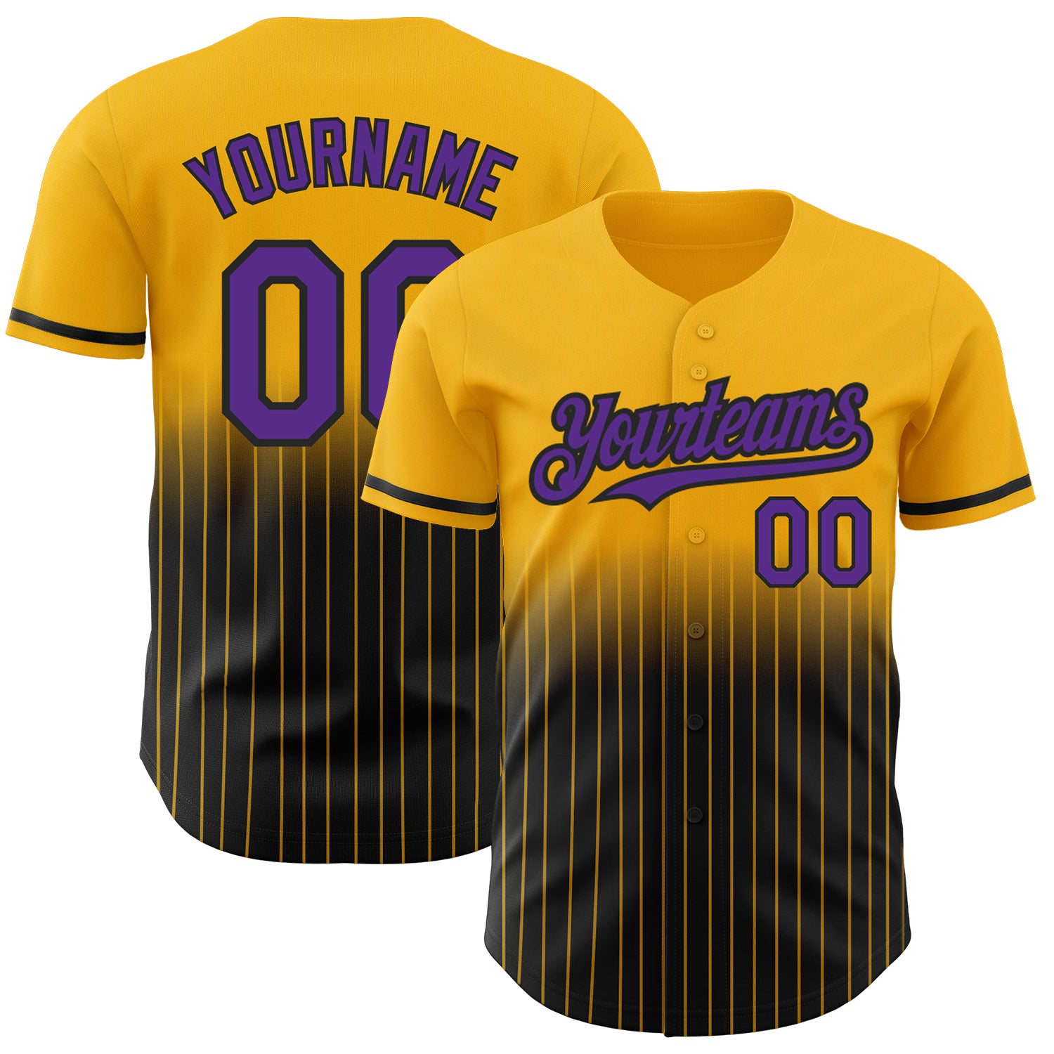 Custom Name Number Baseball Jersey - Personalized Purple Black Gold Pinstripe Authentic Fade Design Personalized Gold Pinstripe