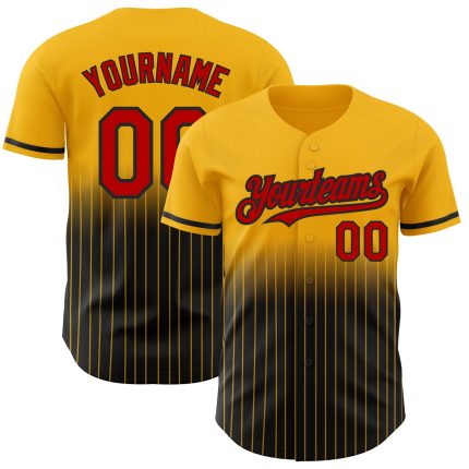 Personalized Red-Black Baseball Jersey with Custom Name and Number - Authentic Fade Gold Pinstripe Fashion Team Apparel Personalized