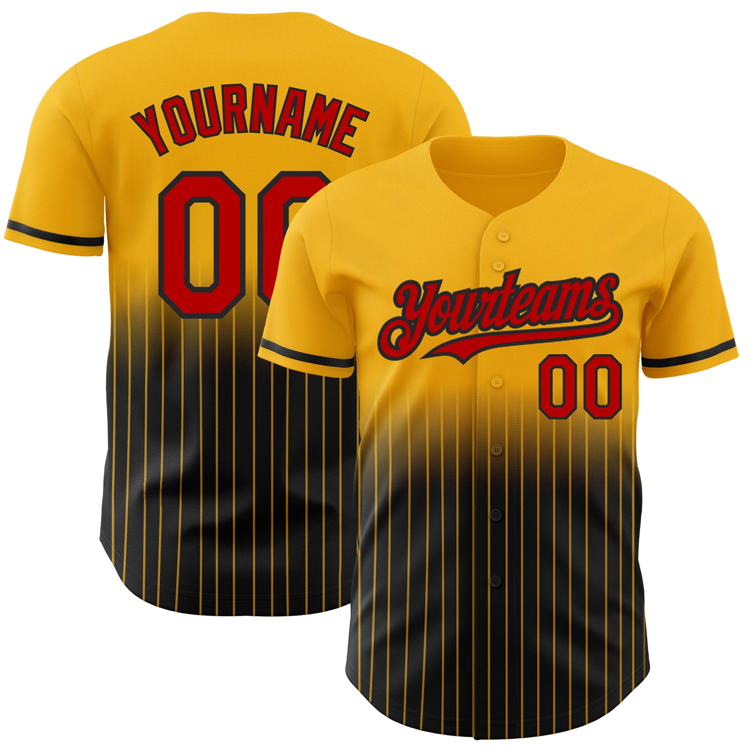 Personalized Red-Black Baseball Jersey with Custom Name and Number - Authentic Fade Gold Pinstripe Fashion Team Apparel Personalized