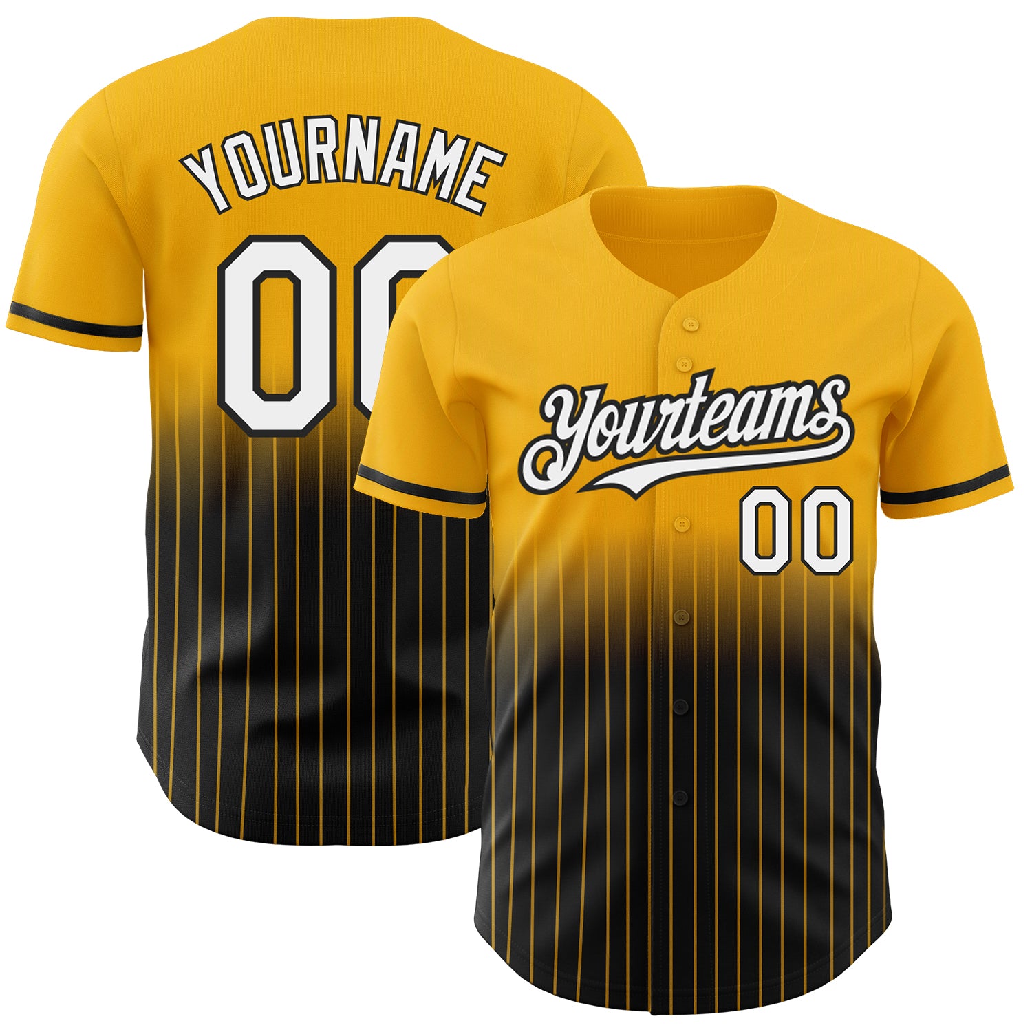 Custom Name Number Gold Pinstripe Baseball Jersey - Authentic Fade Design in White and Black Personalized Gold Pinstripe