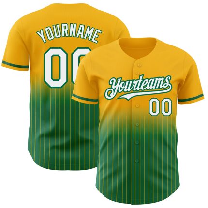 Custom Name & Number Personalized Gold Pinstripe Baseball Jersey in White-Kelly Green - Authentic Fade Design Personalized