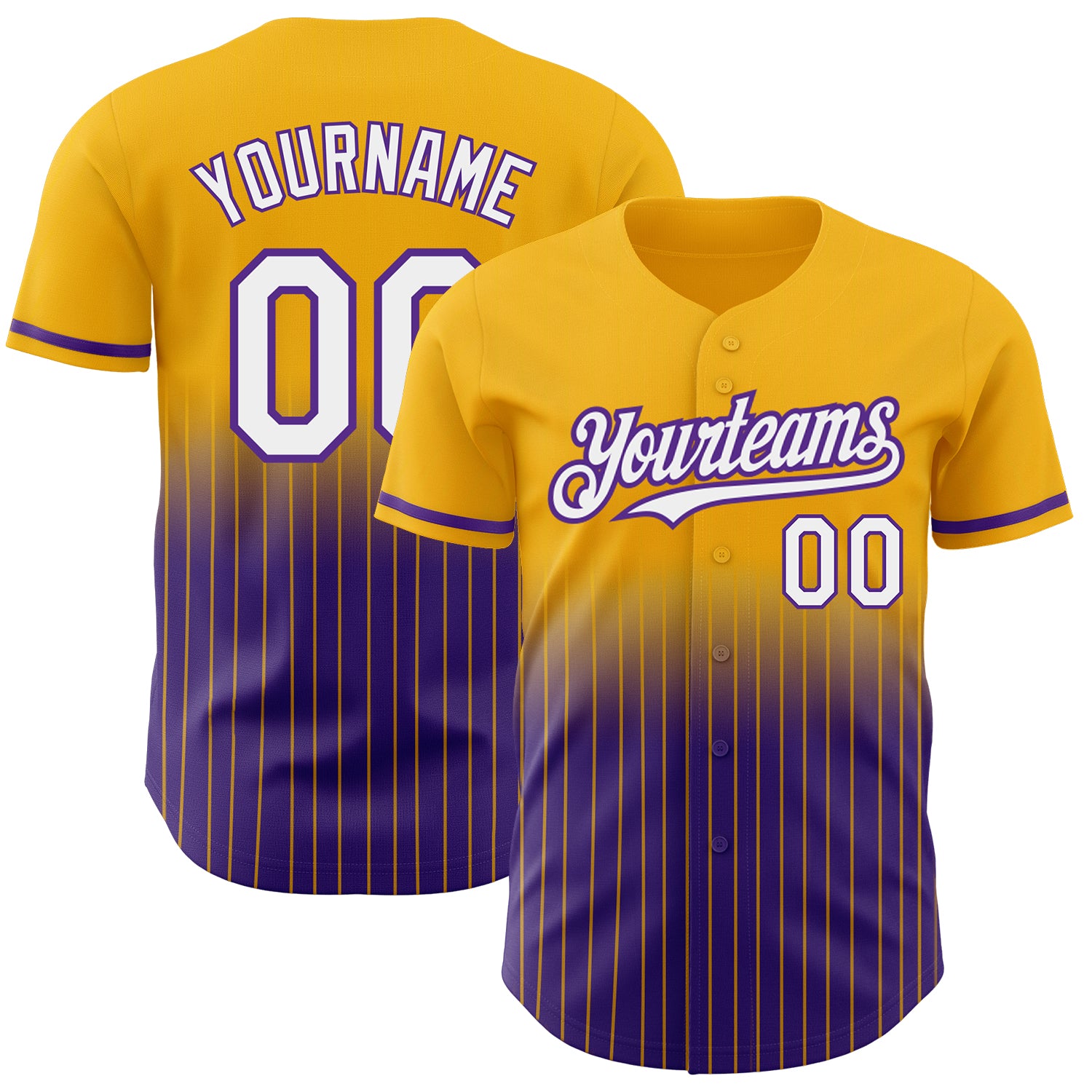 Custom Name Number Personalized Gold Pinstripe White Purple Fade Fashion Baseball Jersey Personalized Gold Pinstripe White-Purple