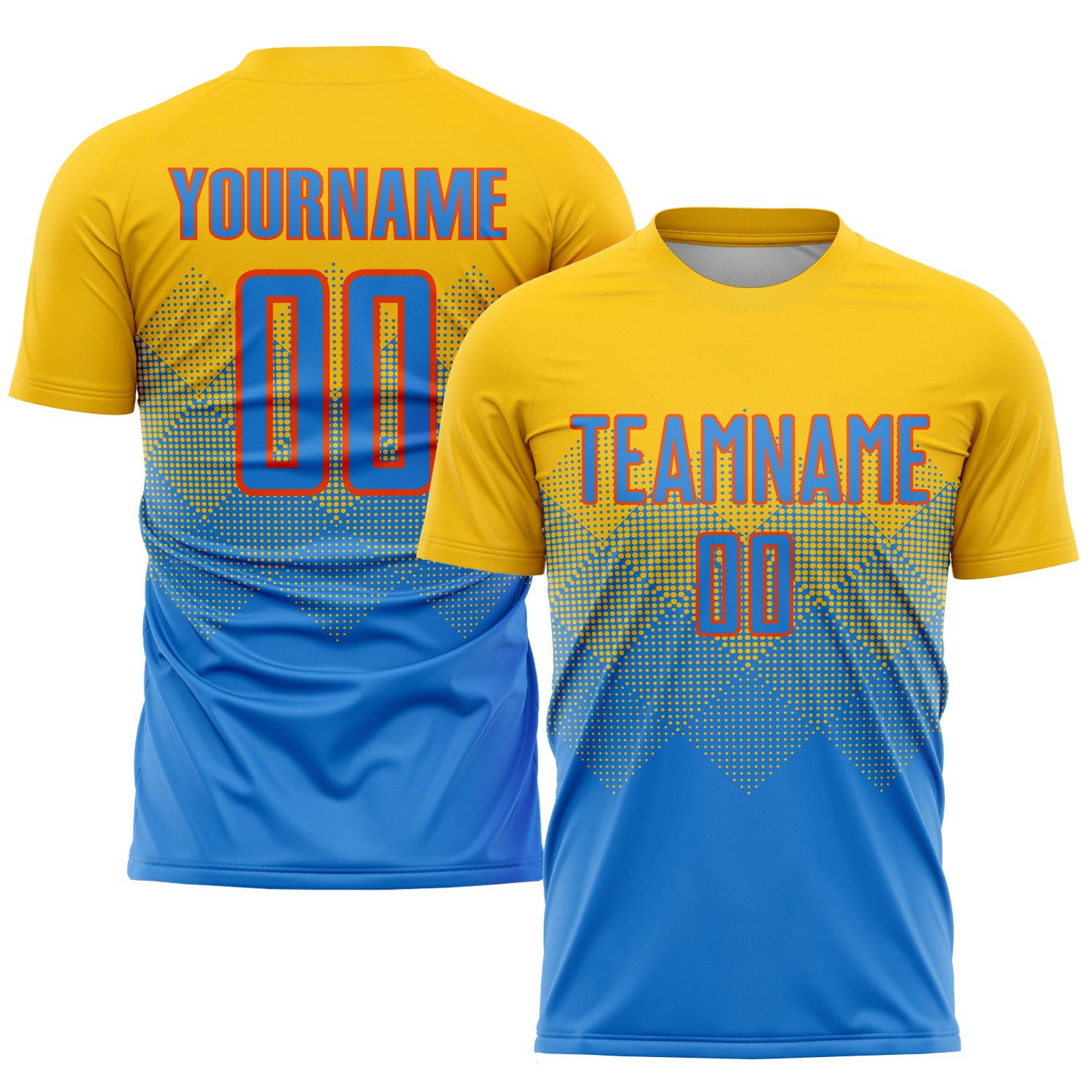 Custom Soccer Uniform Jersey with Personalized Name and Number, Gold Powder Blue-Orange Sublimation Design Personalized Gold
