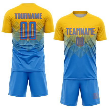 Custom Soccer Uniform Jersey with Personalized Name and Number, Gold Powder Blue-Orange Sublimation Design Personalized Gold