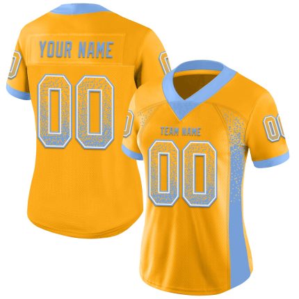 Custom Name & Number Personalized Gold Powder Blue White Football Jersey - Drift Fashion Team Mesh Personalized Gold Powder
