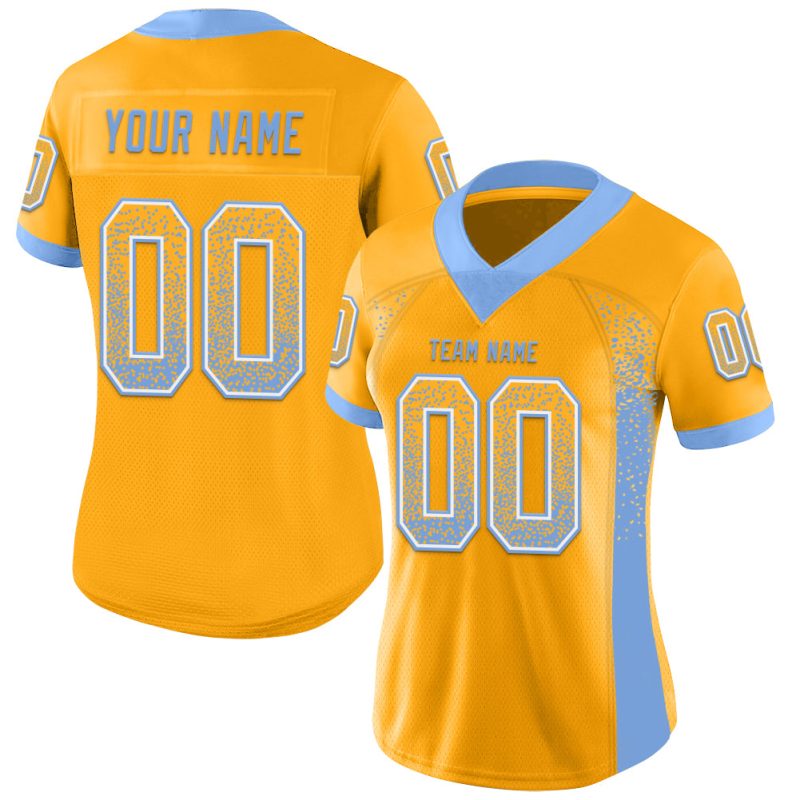 Custom Name & Number Personalized Gold Powder Blue White Football Jersey - Drift Fashion Team Mesh Personalized Gold Powder
