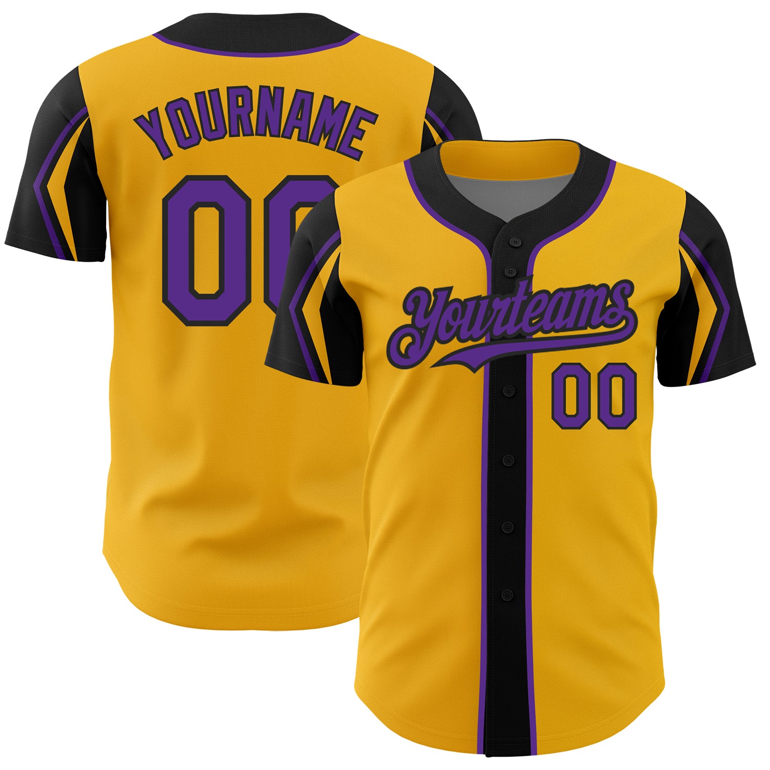 Custom Name Number Baseball Jersey Personalized Gold Purple Black Arm Shapes 3 Colors Authentic Design Personalized Gold