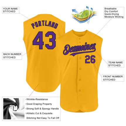 Personalized Gold and Purple-Black Baseball Jersey for Men - Authentic Sleeveless Style Personalized Gold Purple-Black Authentic