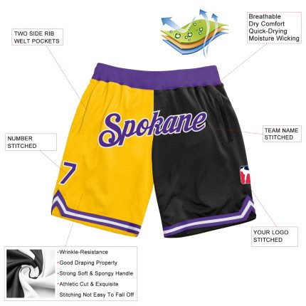 Custom Gold Purple Black Basketball Shorts Authentic Throwback Split Fashion Design Personalized Gold Purple-Black Authentic