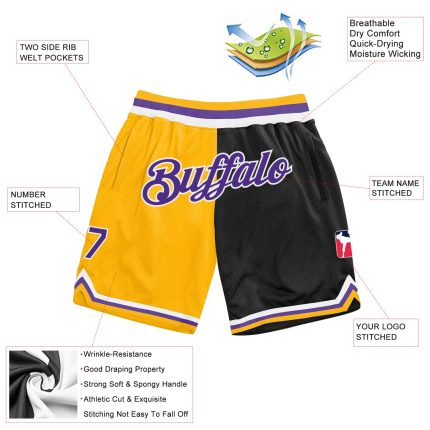 Custom Name Number Personalized Gold Purple Black Basketball Shorts Authentic Throwback Split Fashion Personalized Gold Purple-Black
