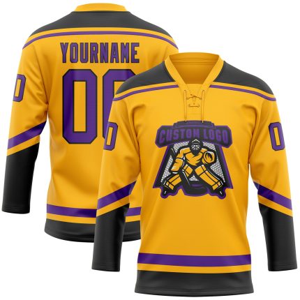 Custom Name and Number Personalized Gold Purple-Black Hockey Jersey - Lace Neck Team Jersey Personalized Gold Purple-Black