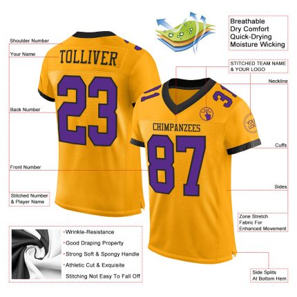 Personalized Authentic Football Jersey - Gold Purple Black Mesh Design Personalized Gold Purple-Black Mesh Authentic Football