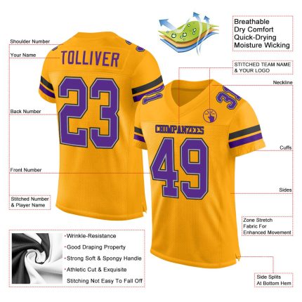 Custom Personalized Gold Purple Black Football Jersey with Name & Number - Authentic Team Apparel Personalized Gold Purple-Black