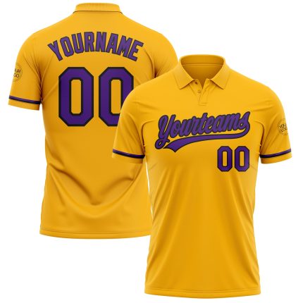 Custom Name Number Golf Polo Shirt - Personalized Gold Purple Black Performance Personalized Gold Purple-Black Performance