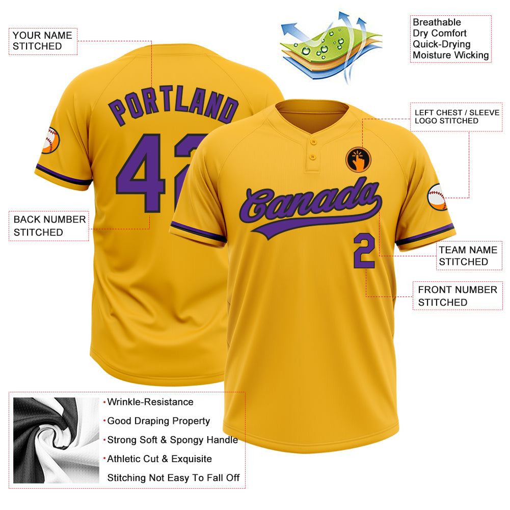 Personalized Gold Purple-Black Two-Button Unisex Softball Jersey Team Custom Name and Number Custom Name and Number Unisex Softball Jersey - Personalized Gold Purple-Black Two-Button Design Personalized Gold Purple-Black - Image 3