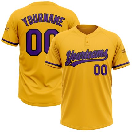 Custom Name and Number Unisex Softball Jersey - Personalized Gold Purple-Black Two-Button Design Personalized Gold Purple-Black