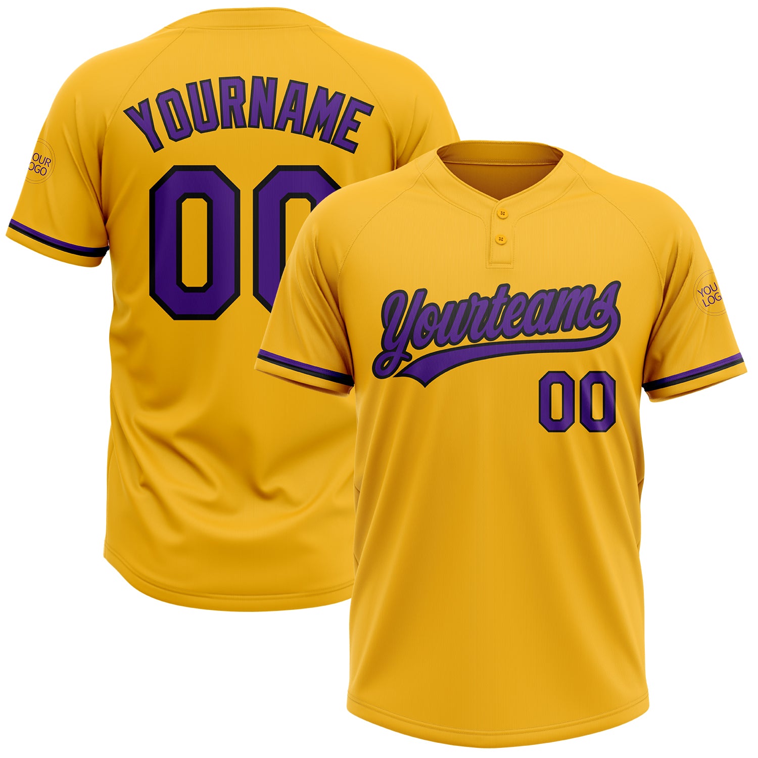 Custom Name and Number Unisex Softball Jersey - Personalized Gold Purple-Black Two-Button Design Personalized Gold Purple-Black