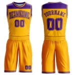 Personalized Basketball Jersey Gold Purple Color Block Round Neck Sublimation Suit Personalized Gold Purple Color Block Round