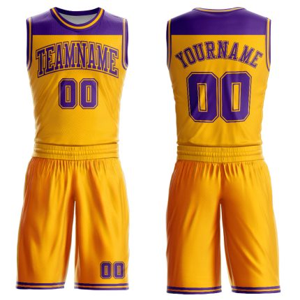 Personalized Basketball Jersey Gold Purple Color Block Round Neck Sublimation Suit Personalized Gold Purple Color Block Round