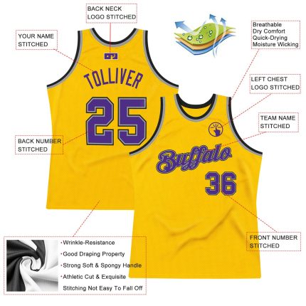 Custom Name and Number Personalized Gold Purple-Gray Basketball Jersey - Authentic Throwback Style Personalized Gold Purple-Gray