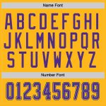 Custom gold, purple and gray hockey jersey, detail of the printed panel