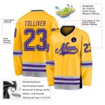 Custom gold, purple and gray hockey jersey, back view