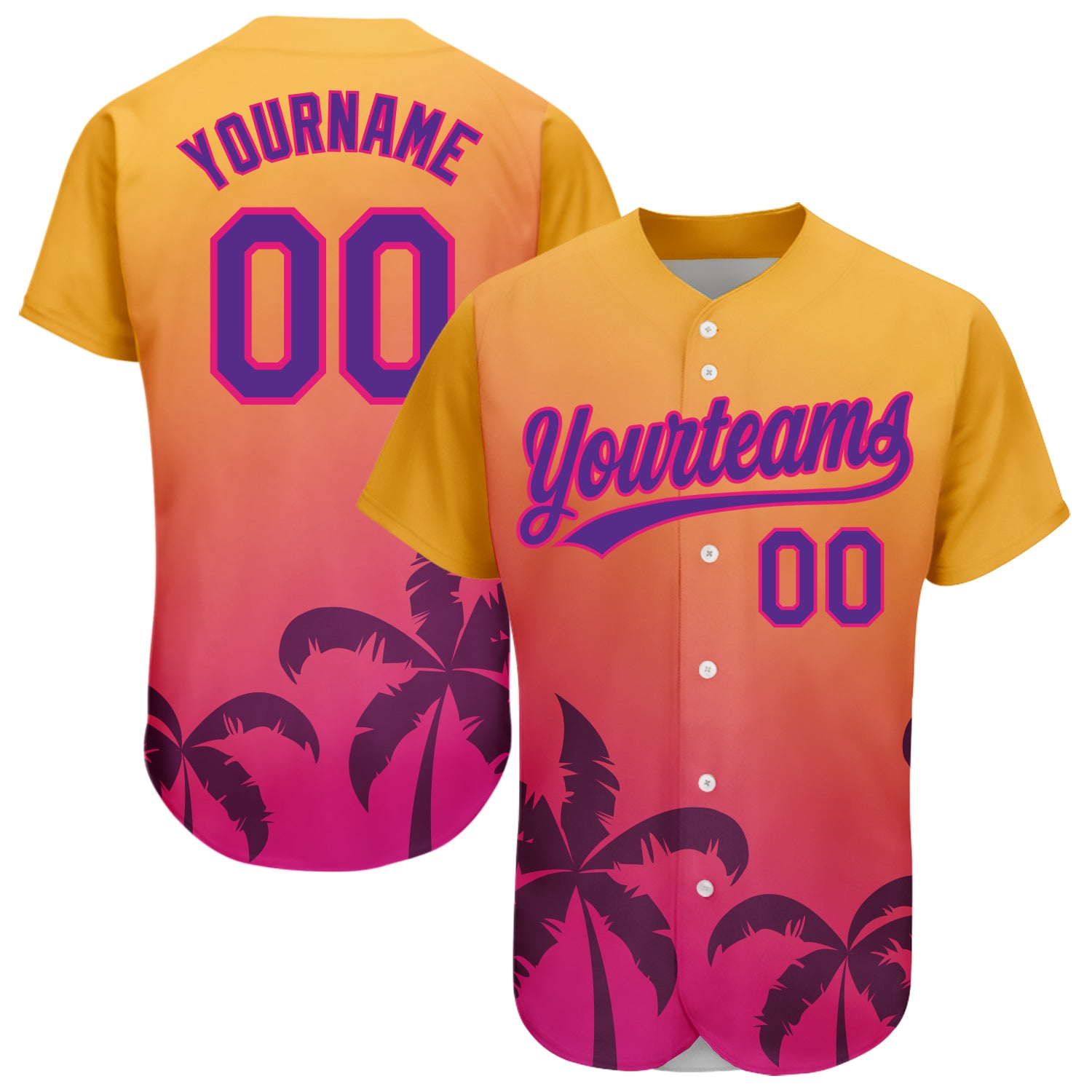 Custom Name & Number Baseball Jersey with 3D Hawaii Palm Trees Design in Gold, Purple & Hot Pink - Personalized Team Apparel