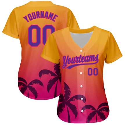 Custom Name & Number Baseball Jersey with 3D Hawaii Palm Trees Design in Gold, Purple & Hot Pink - Personalized Team Apparel