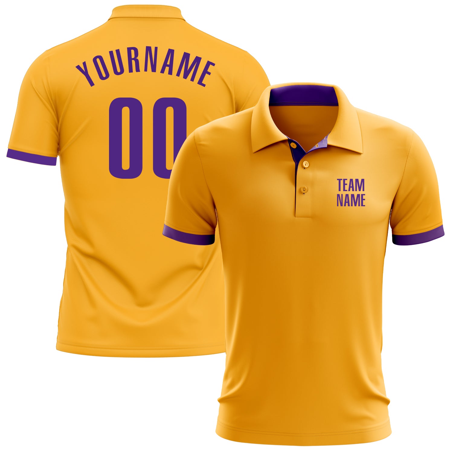 Custom Name Number Golf Polo Shirt - Personalized Gold Purple Performance Team Apparel Personalized Gold Purple Performance