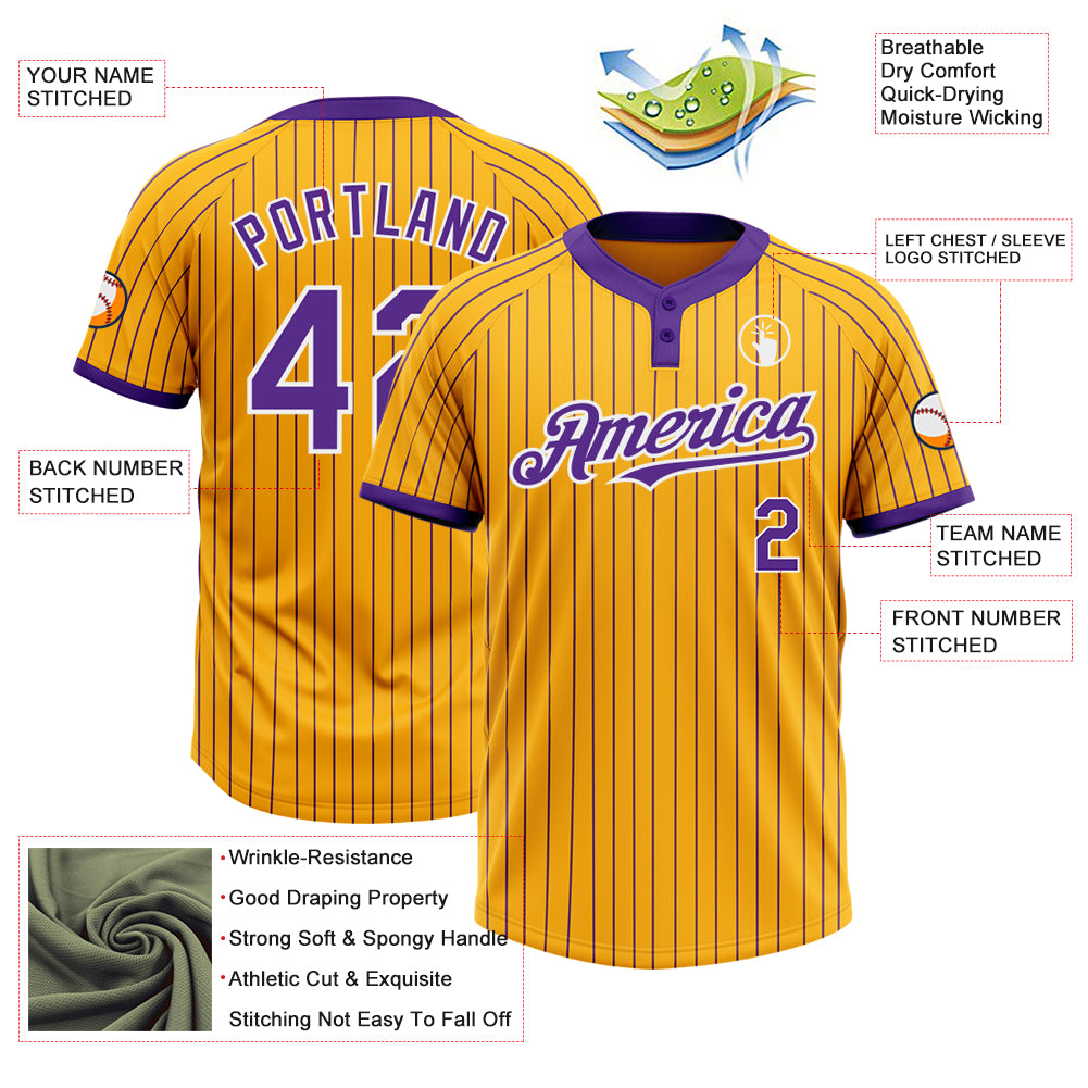 Personalized Gold Purple Pinstripe White Two-Button Unisex Softball Jersey Team Custom Name and Number Custom Name Number Softball Jersey Unisex Two-Button White Gold Purple Pinstripe Personalized Outfit for Team Sports Personalized - Image 3