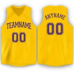Custom Name and Number Personalized Gold Purple Basketball Jersey V-Neck for Team Personalized Gold Purple V-Neck Basketball