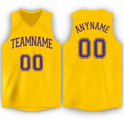 Custom Name and Number Personalized Gold Purple Basketball Jersey V-Neck for Team Personalized Gold Purple V-Neck Basketball