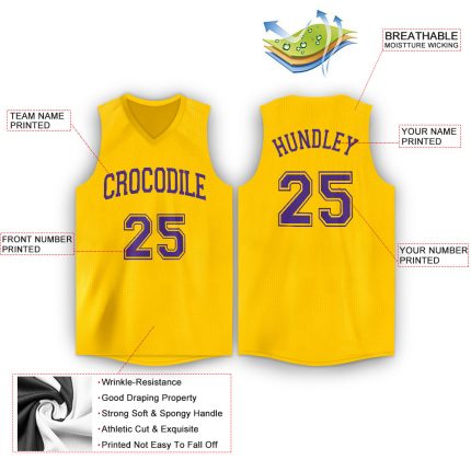 Custom Name and Number Personalized Gold Purple Basketball Jersey V-Neck for Team Personalized Gold Purple V-Neck Basketball