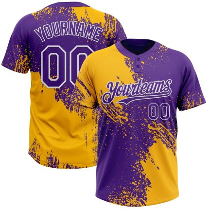 Custom Name Number Unisex Softball Jersey - Personalized Gold Purple White 3D Pattern Brush Stroke Two-Button Design Personalized