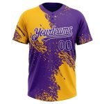 Custom Name Number Unisex Softball Jersey - Personalized Gold Purple White 3D Pattern Brush Stroke Two-Button Design Personalized