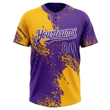 Custom Name Number Unisex Softball Jersey - Personalized Gold Purple White 3D Pattern Brush Stroke Two-Button Design Personalized