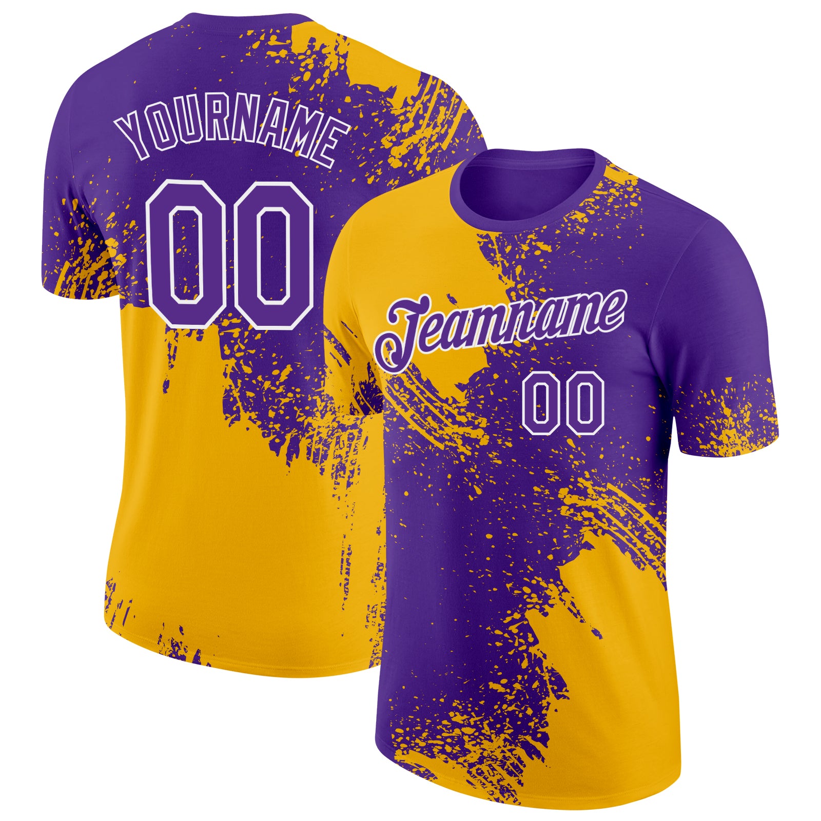 Custom Name and Number Performance T-Shirt with Personalized Gold Purple-White 3D Abstract Brush Stroke Design Personalized