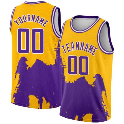 Custom Basketball Jersey with Personalized Name & Number - Gold Purple-White 3D Pattern Grunge Halftone Art Design Personalized