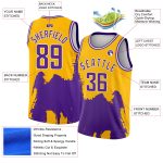 Custom Basketball Jersey with Personalized Name & Number - Gold Purple-White 3D Pattern Grunge Halftone Art Design Personalized