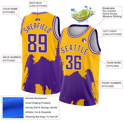 Custom Basketball Jersey with Personalized Name & Number - Gold Purple-White 3D Pattern Grunge Halftone Art Design Personalized