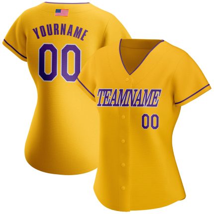 Custom American Flag Baseball Jersey Personalized Gold Purple-White with Custom Name and Number Personalized Gold Purple-White