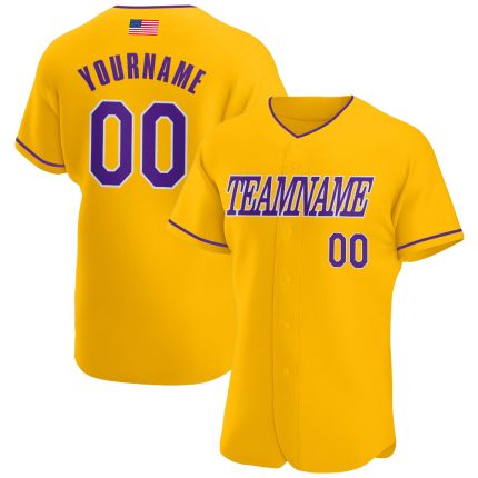 Custom American Flag Baseball Jersey Personalized Gold Purple-White with Custom Name and Number Personalized Gold Purple-White